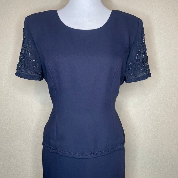 Vintage R&M Richards Navy Beaded Back Accent Mother of the Bride Dress Gown 8P - Picture 2 of 14
